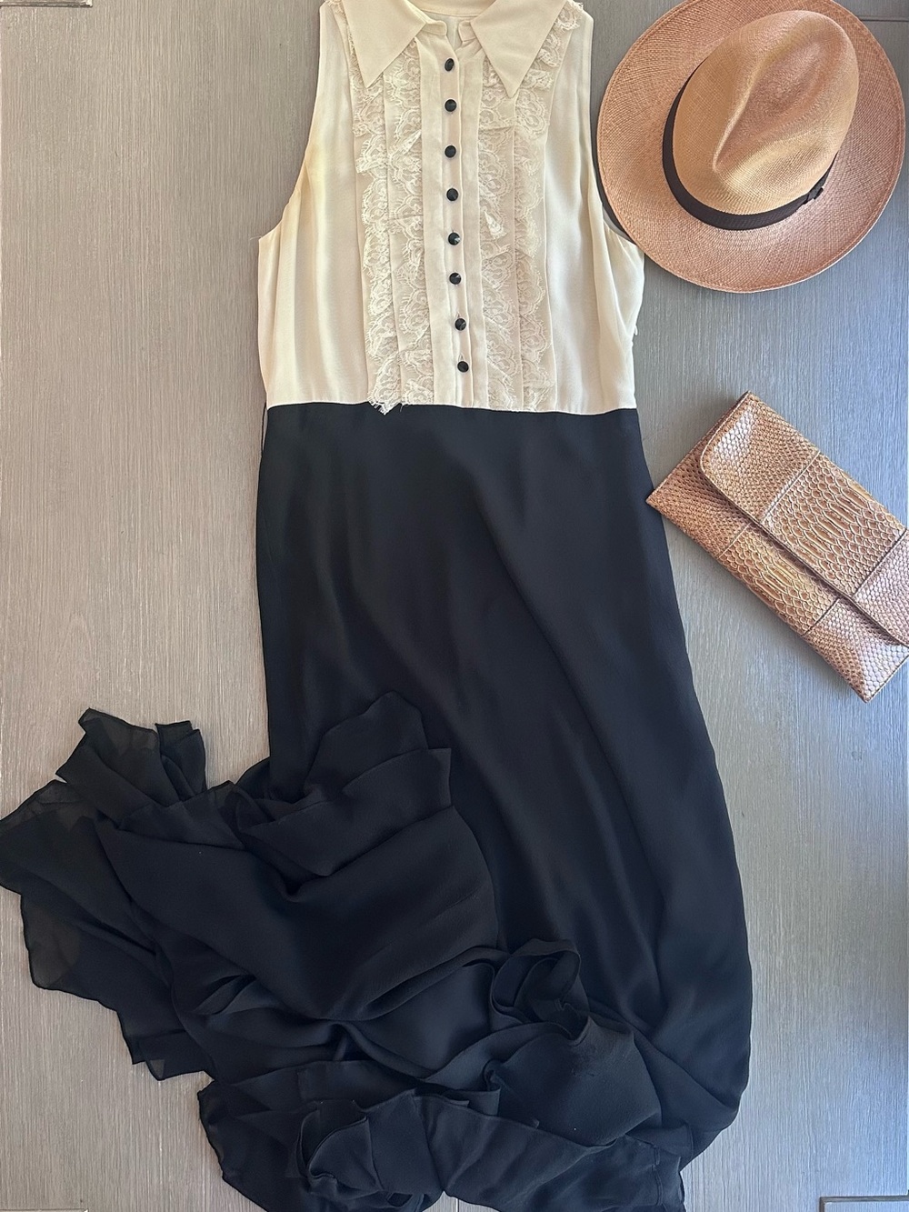 Vintage Chiffon Two-Tone Black and Cream Tuxedo Ruffle Dress